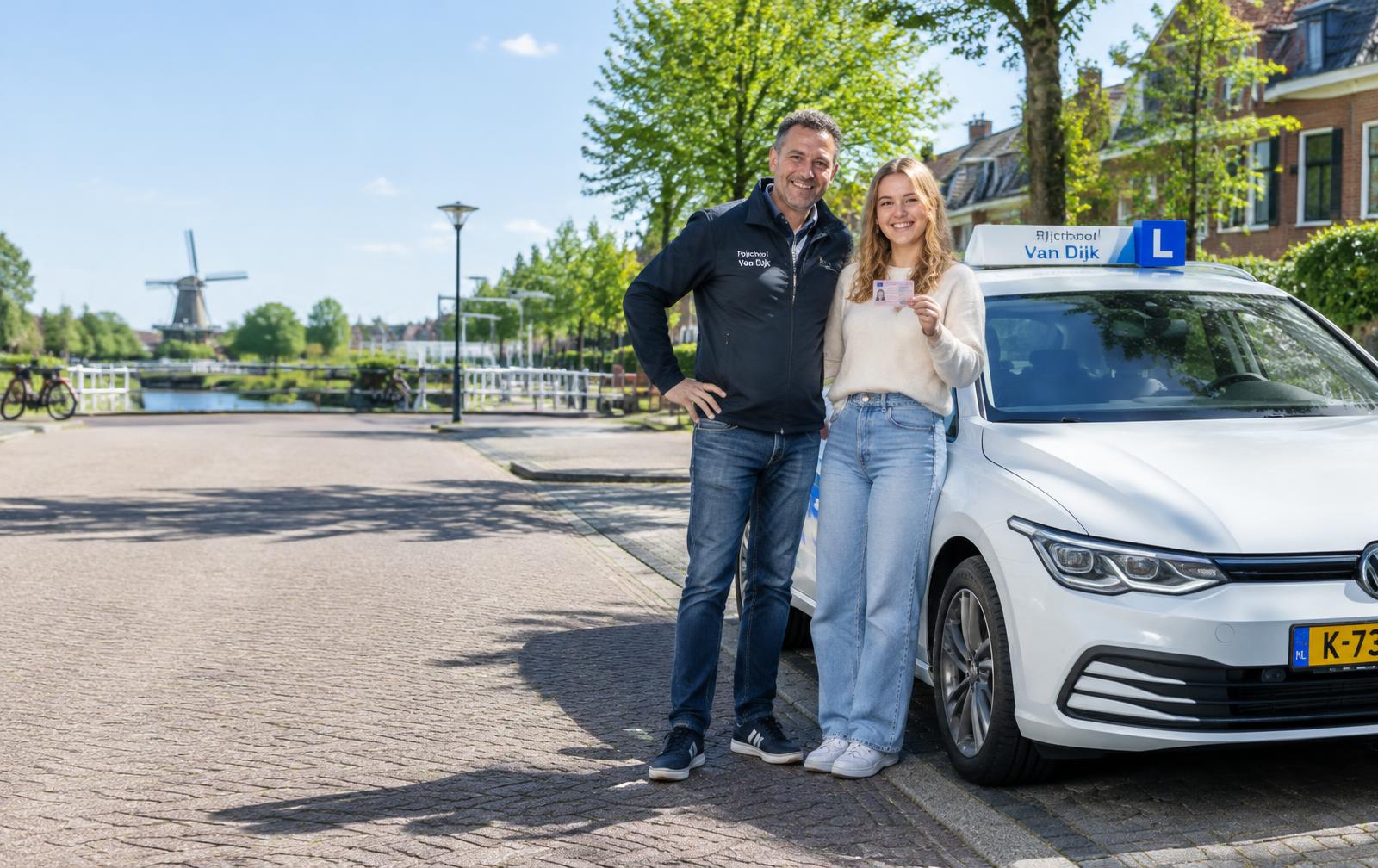 Rijinstructeur met geslaagde leerling naast de lesauto